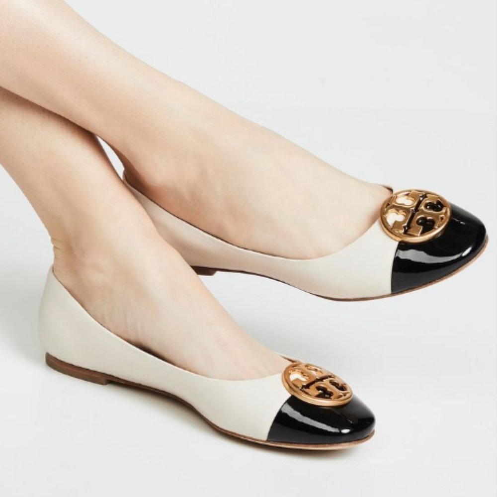 Tory Burch Women's Chelsea Cap Toe Leather Ballet Flats Cream Black 10